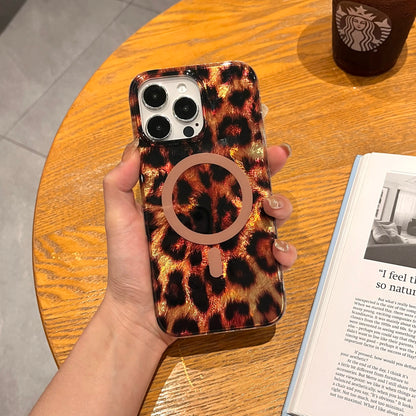 Leopard Cheetah Animal Print Phone Case for Iphone 17 Pro Max/17 Air/16 Pro 15 14 plus 13,Magnetic Cute Sparkle Glossy Silicone Shockproof Protective Cover for Women Men