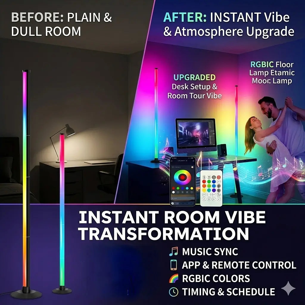 RGB Corner Floor Lamp with Music Sync, Smart LED Ambient Light with App & Remote Control for Bedroom, Gaming Room & Living Room Decor