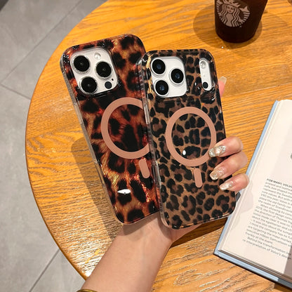 Leopard Cheetah Animal Print Phone Case for Iphone 17 Pro Max/17 Air/16 Pro 15 14 plus 13,Magnetic Cute Sparkle Glossy Silicone Shockproof Protective Cover for Women Men