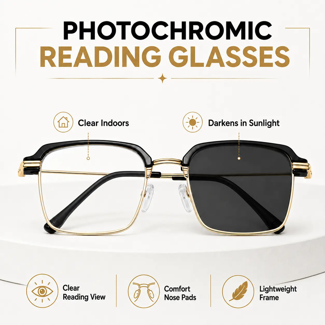 Photochromic Progressive Multifocal Presbyopia Readers Reading Glasses with Blue Light Blocking & UV400 Protection Semi-Rimless Black Gold Frame for Work Travel & Everyday Use Dealsforyoudays