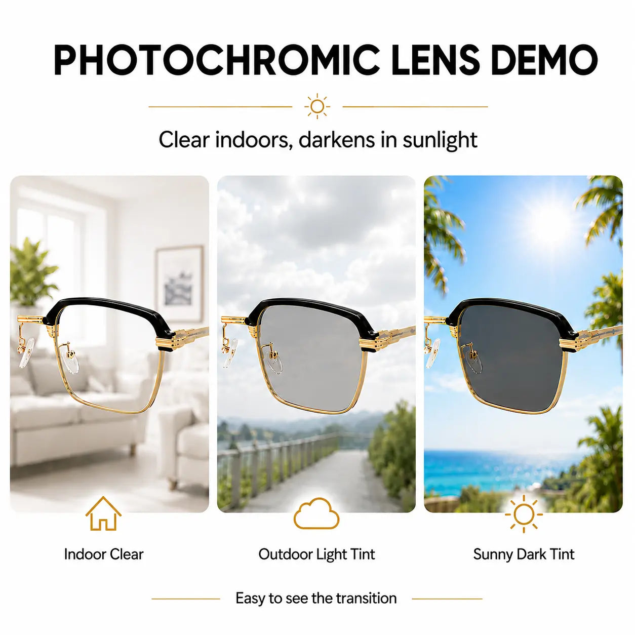 Photochromic Progressive Multifocal Presbyopia Readers Reading Glasses with Blue Light Blocking & UV400 Protection Semi-Rimless Black Gold Frame for Work Travel & Everyday Use Dealsforyoudays