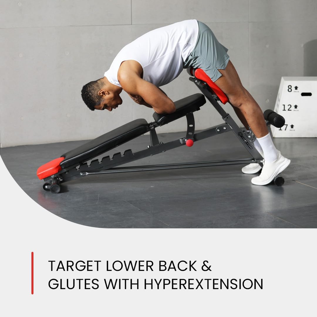 Finer Form Multi-Functional FID Weight Bench for Full All-In-One Body Workout – Hyper Back Extension, Roman Chair, Adjustable Ab Sit up Bench, Incline Decline Bench, Flat Bench
