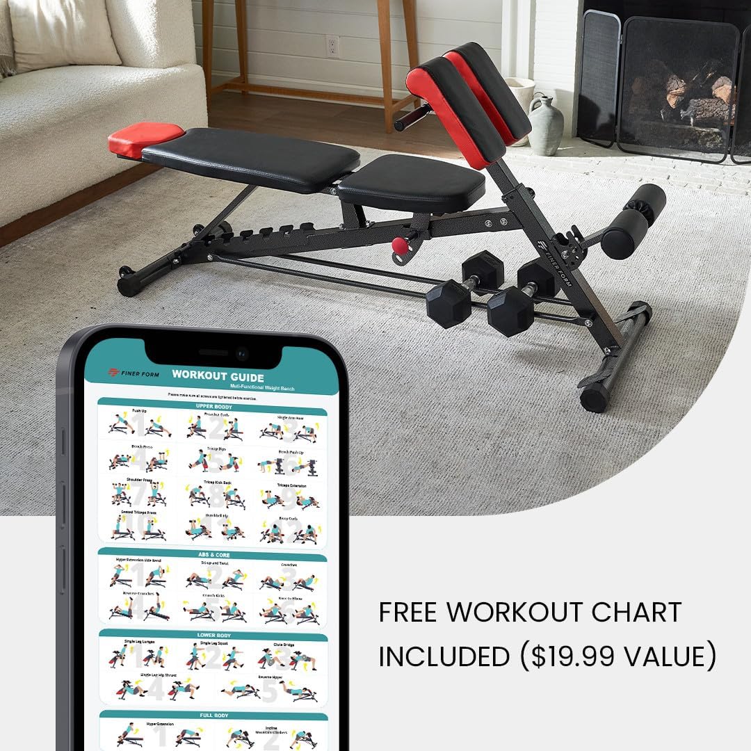 Finer Form Multi-Functional FID Weight Bench for Full All-In-One Body Workout – Hyper Back Extension, Roman Chair, Adjustable Ab Sit up Bench, Incline Decline Bench, Flat Bench