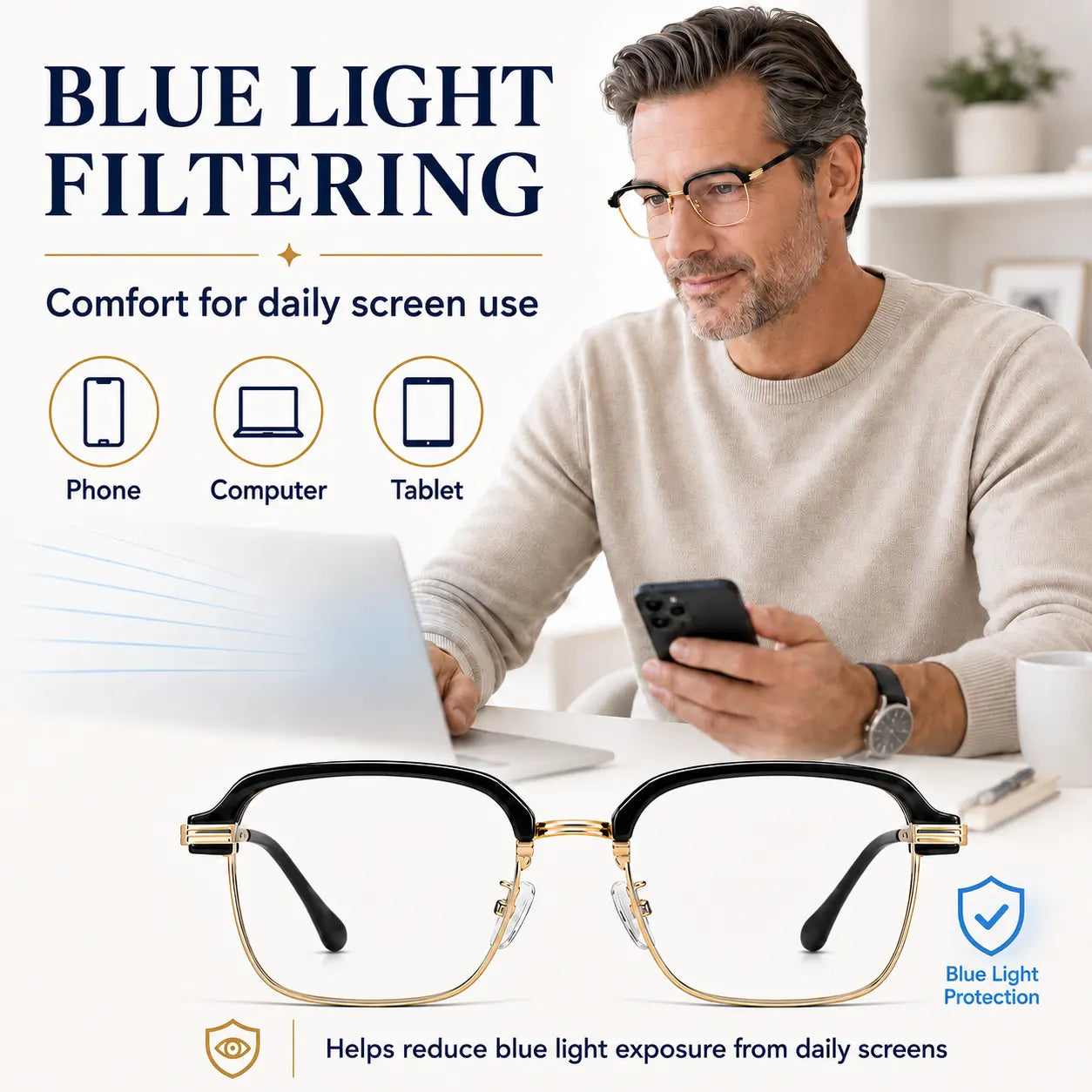 Photochromic Progressive Multifocal Presbyopia Readers Reading Glasses with Blue Light Blocking & UV400 Protection Semi-Rimless Black Gold Frame for Work Travel & Everyday Use Dealsforyoudays