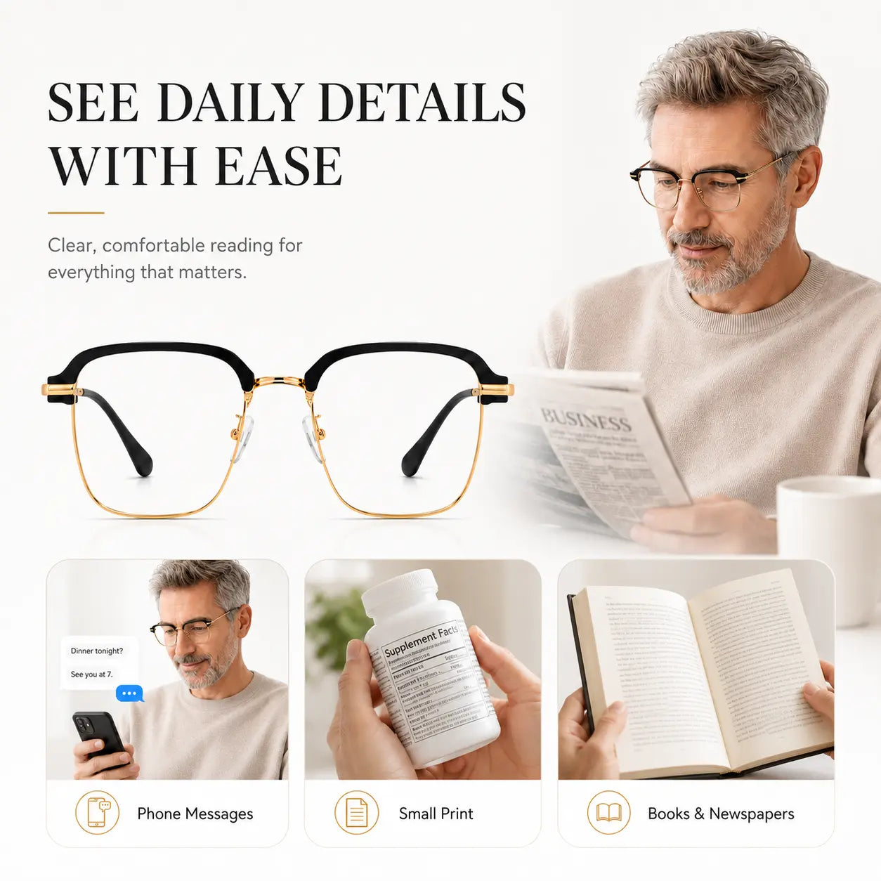 Photochromic Progressive Multifocal Presbyopia Readers Reading Glasses with Blue Light Blocking & UV400 Protection Semi-Rimless Black Gold Frame for Work Travel & Everyday Use Dealsforyoudays