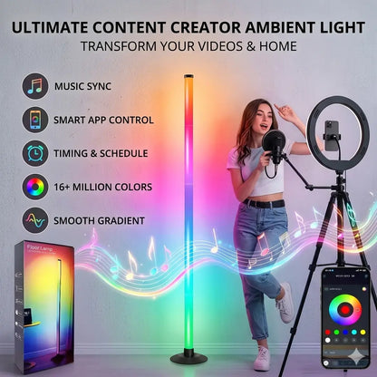 RGB Corner Floor Lamp with Music Sync, Smart LED Ambient Light with App & Remote Control for Bedroom, Gaming Room & Living Room Decor
