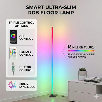 RGB Corner Floor Lamp with Music Sync, Smart LED Ambient Light with App & Remote Control for Bedroom, Gaming Room & Living Room Decor
