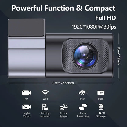 Wired Wifi Dash Cam 1080P HD | 360° Rotatable Mini Car Camera with Night Vision, Loop Recording, 24H Parking Monitor Dvr Card Storage