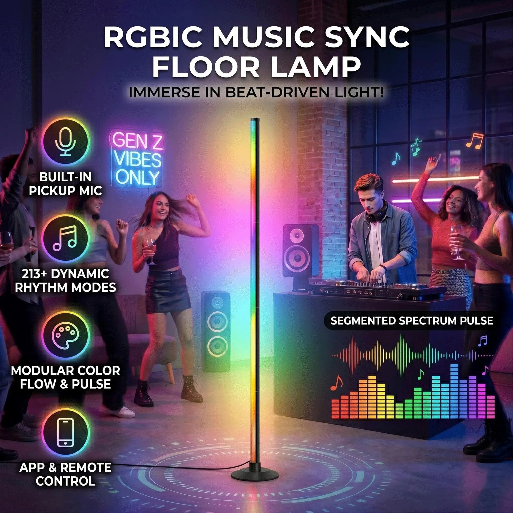 RGB Corner Floor Lamp with Music Sync, Smart LED Ambient Light with App & Remote Control for Bedroom, Gaming Room & Living Room Decor